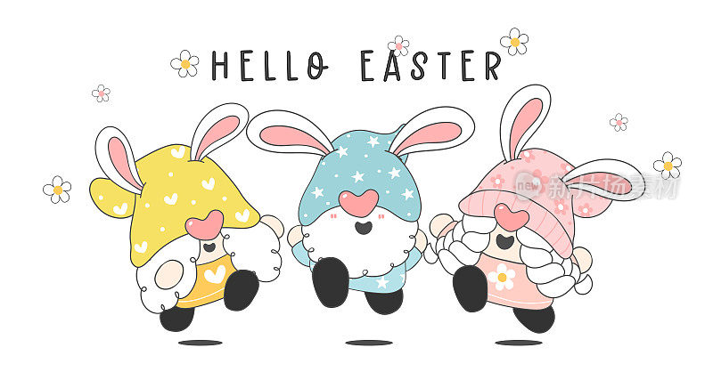 Happy Easter greeting, group of Three cute happy funny Gnome bunny ears pastel celebrating spring time, elf cartoon drawing outline vector, happy holidays